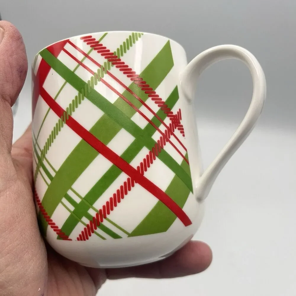 Crate & Barrel Red & Green Plaid Christmas Holiday Cups Mugs ~ Set of 2